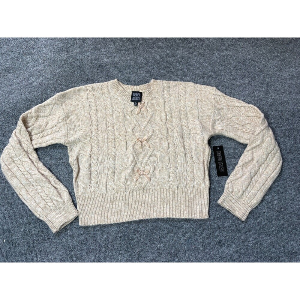 Derek Heart Sweater Womens Large Pull Over Beige Long Sleeve Knit Bows NEW